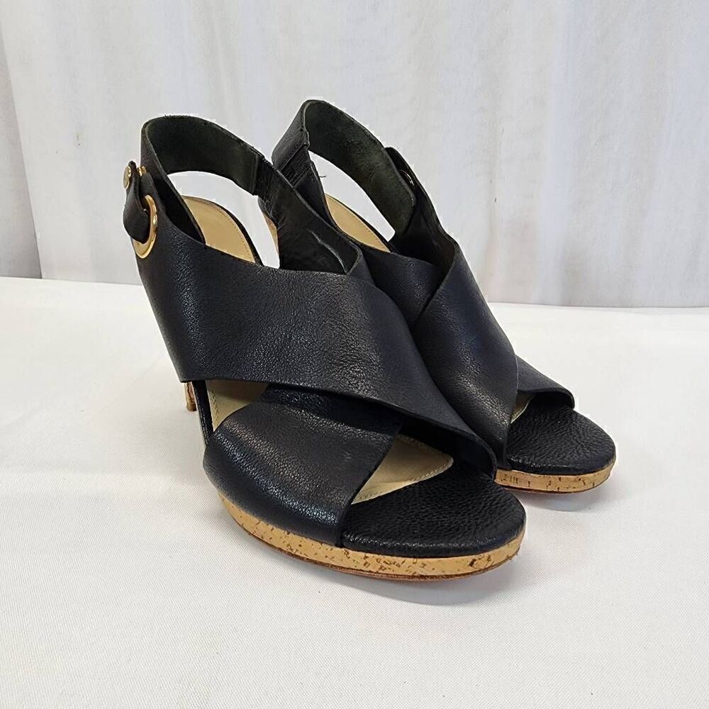 Via Spiga Onitta Cork Open Toe Leather Sandal Heels Slingback Black Size 8.5 I